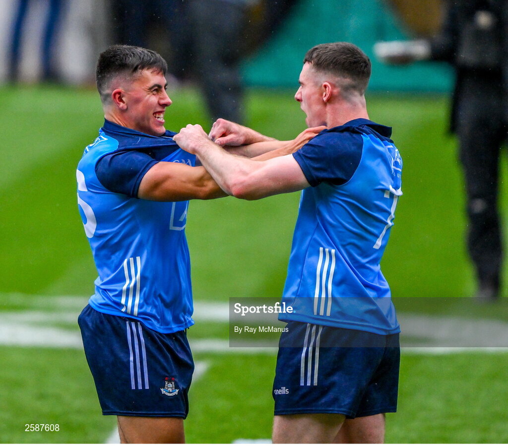 30 July 2023; Lorcan O'Dell, left, and Lee Gannon of Dublin celebrate after the GAA Football All-Ireland Senior Championship final match between Dublin and Kerry at Croke Park in Dublin. Photo by Ray McManus/Sportsfile