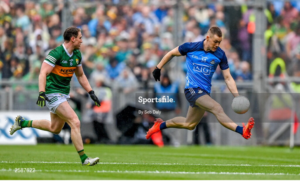 30 July 2023; Con O'Callaghan of Dublin in action against Tadhg Morley of Kerry during the GAA Football All-Ireland Senior Championship final match between Dublin and Kerry at Croke Park in Dublin. Photo by Seb Daly/Sportsfile