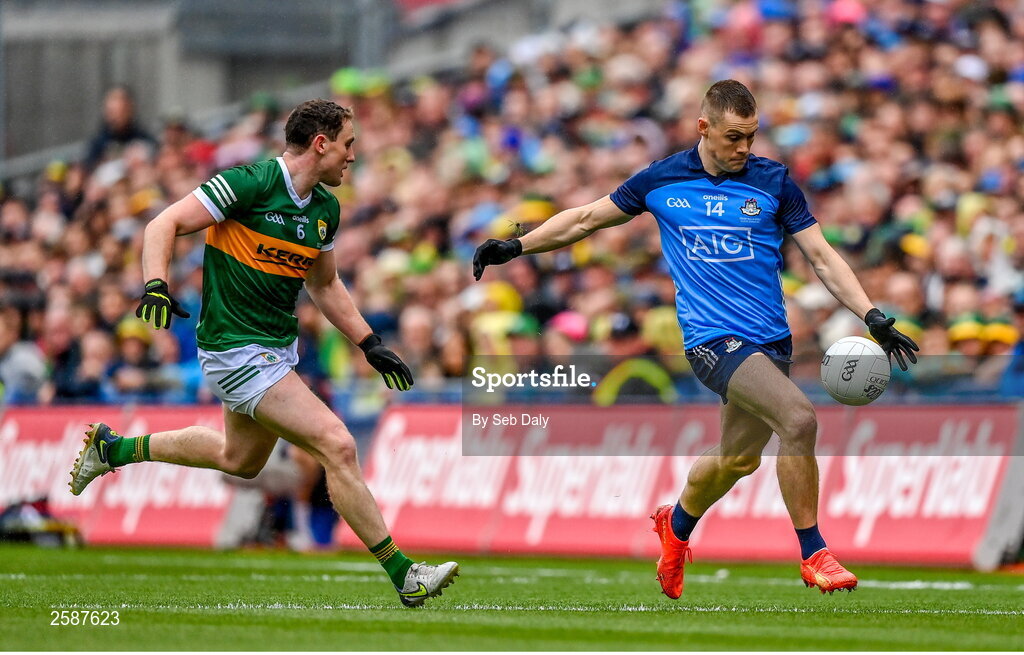 30 July 2023; Con O'Callaghan of Dublin in action against Tadhg Morley of Kerry during the GAA Football All-Ireland Senior Championship final match between Dublin and Kerry at Croke Park in Dublin. Photo by Seb Daly/Sportsfile