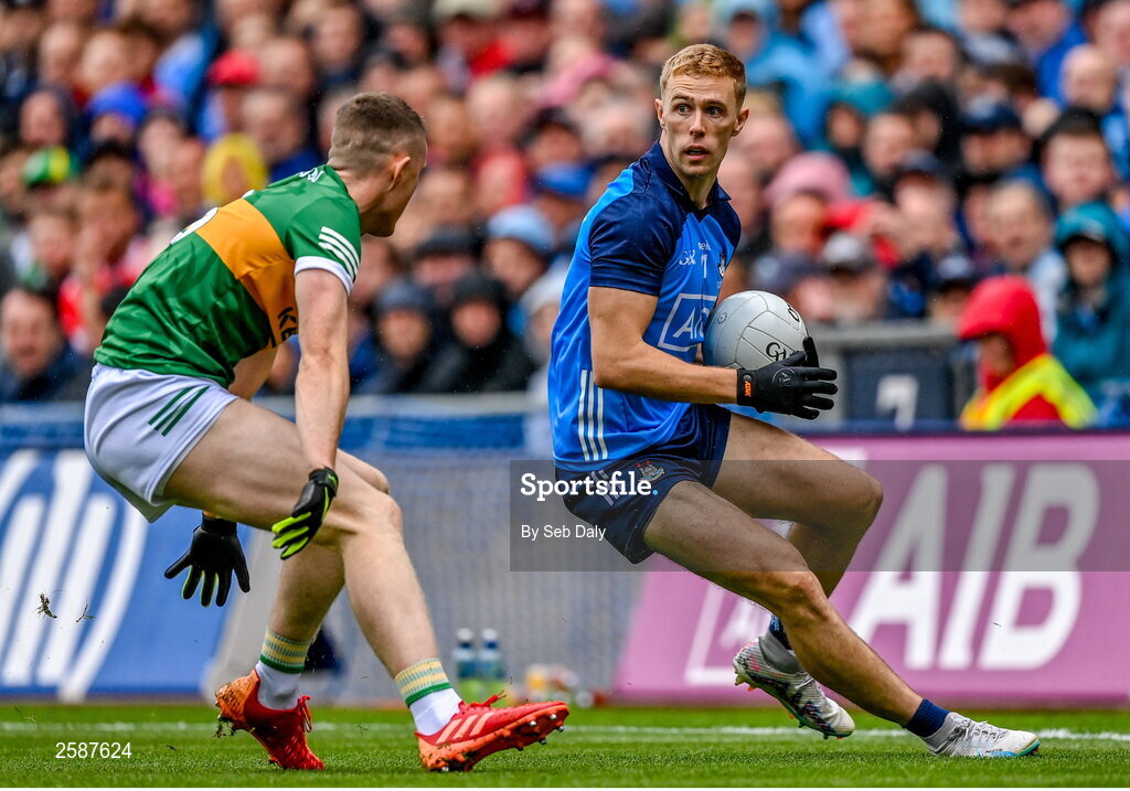 30 July 2023; Paul Mannion of Dublin in action against Jason Foley of Kerry during the GAA Football All-Ireland Senior Championship final match between Dublin and Kerry at Croke Park in Dublin. Photo by Seb Daly/Sportsfile
