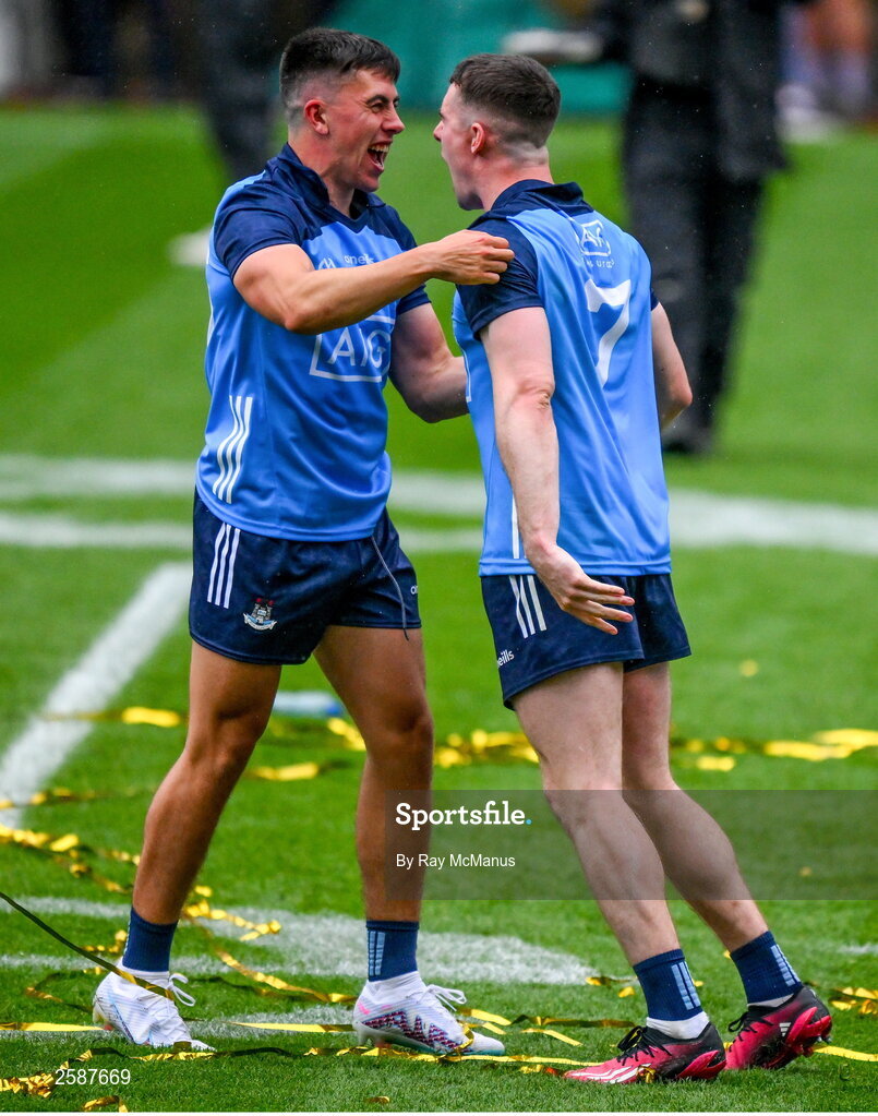 30 July 2023; Lorcan O'Dell, left, and Lee Gannon of Dublin celebrate after the GAA Football All-Ireland Senior Championship final match between Dublin and Kerry at Croke Park in Dublin. Photo by Ray McManus/Sportsfile