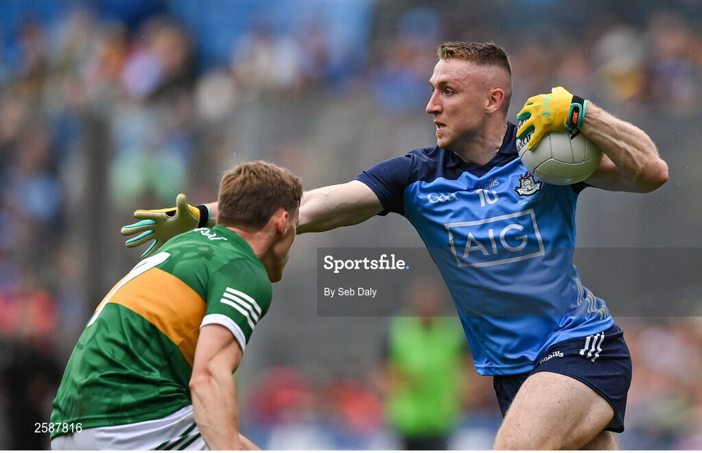 30 July 2023; Paddy Small of Dublin in action against Gavin White of Kerry during the GAA Football All-Ireland Senior Championship final match between Dublin and Kerry at Croke Park in Dublin. Photo by Seb Daly/Sportsfile