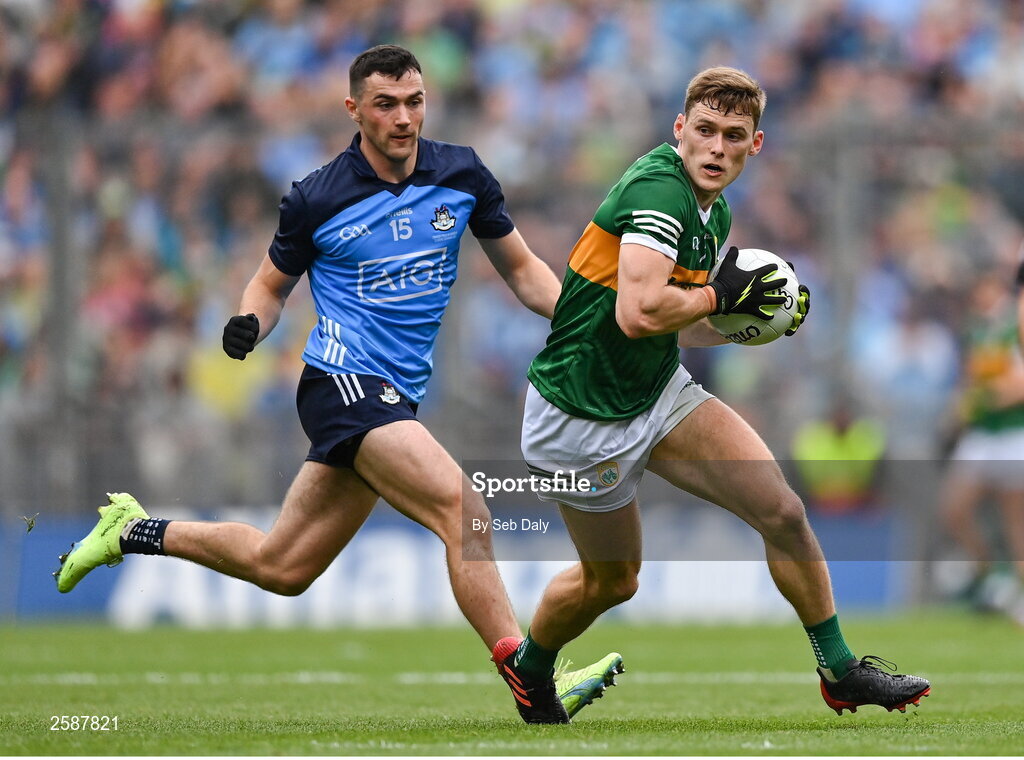 30 July 2023; Gavin White of Kerry in action against Colm Basquel of Dublin during the GAA Football All-Ireland Senior Championship final match between Dublin and Kerry at Croke Park in Dublin. Photo by Seb Daly/Sportsfile