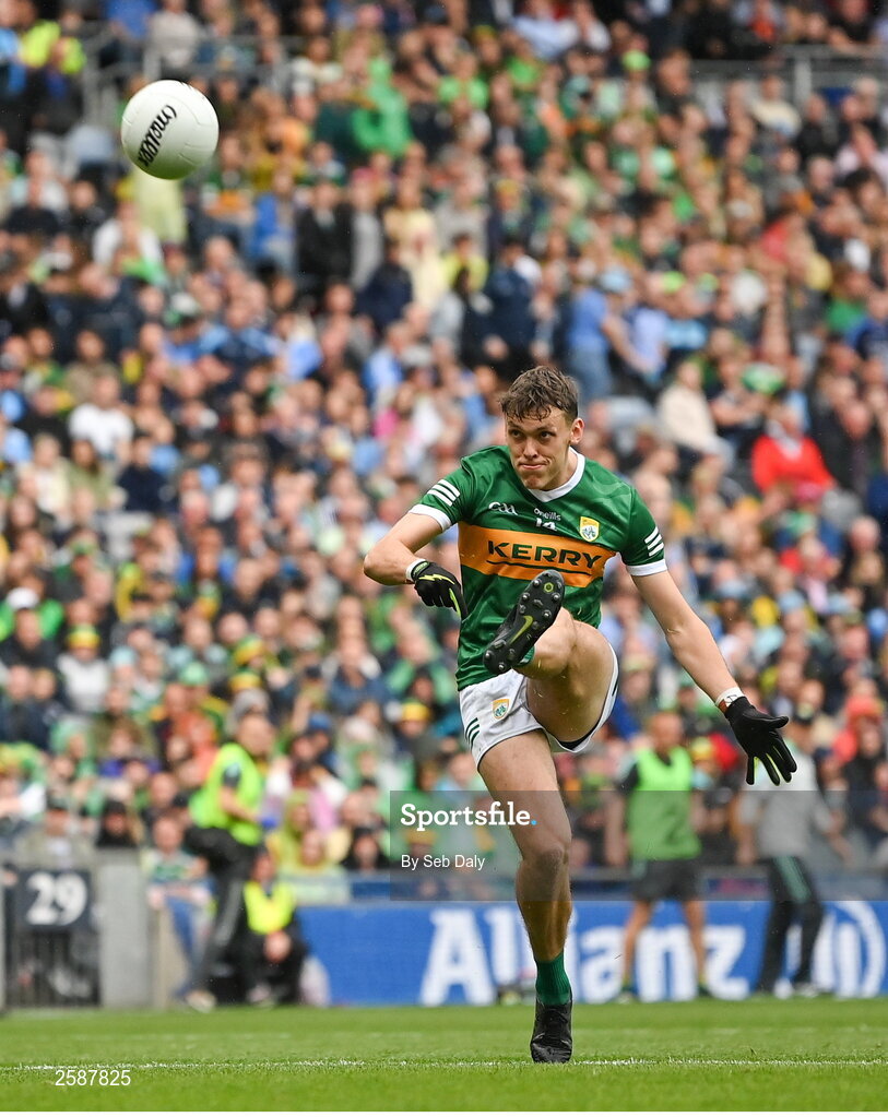 30 July 2023; David Clifford of Kerry converts a free during the GAA Football All-Ireland Senior Championship final match between Dublin and Kerry at Croke Park in Dublin. Photo by Seb Daly/Sportsfile