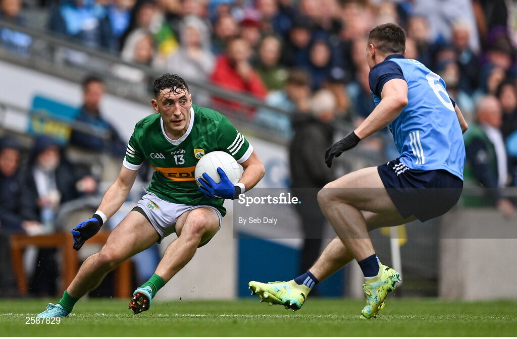 30 July 2023; Paudie Clifford of Kerry in action against John Small of Dublin during the GAA Football All-Ireland Senior Championship final match between Dublin and Kerry at Croke Park in Dublin. Photo by Seb Daly/Sportsfile