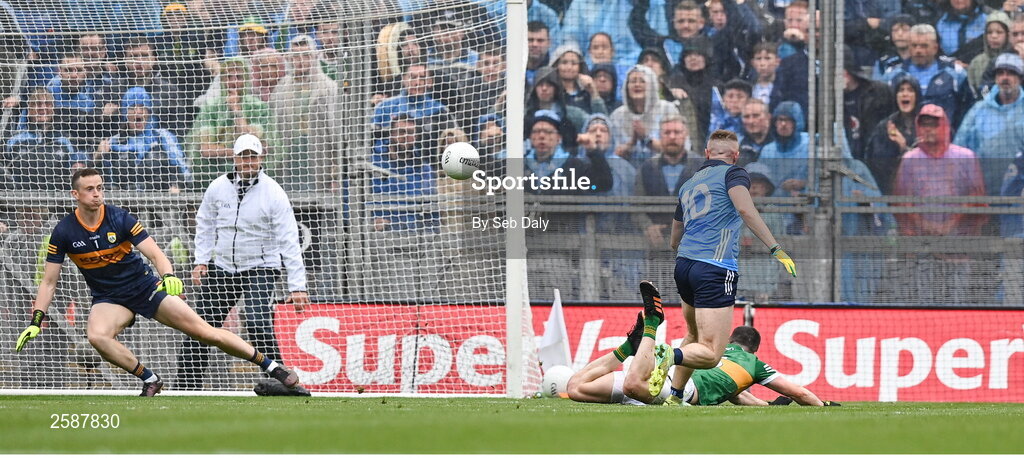 30 July 2023; Paddy Small of Dublin scores his side's first goal during the GAA Football All-Ireland Senior Championship final match between Dublin and Kerry at Croke Park in Dublin. Photo by Seb Daly/Sportsfile