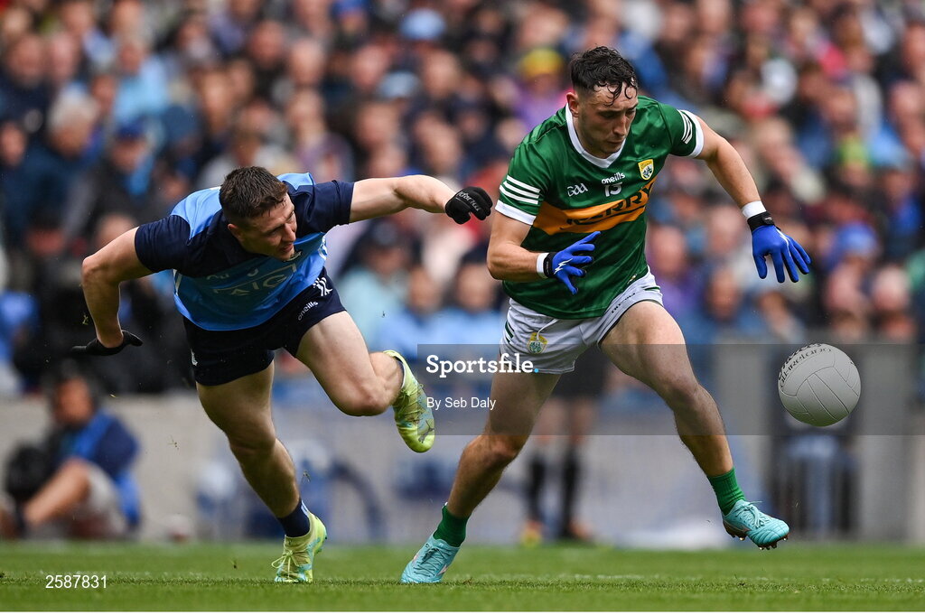 30 July 2023; Paudie Clifford of Kerry in action against John Small of Dublin during the GAA Football All-Ireland Senior Championship final match between Dublin and Kerry at Croke Park in Dublin. Photo by Seb Daly/Sportsfile