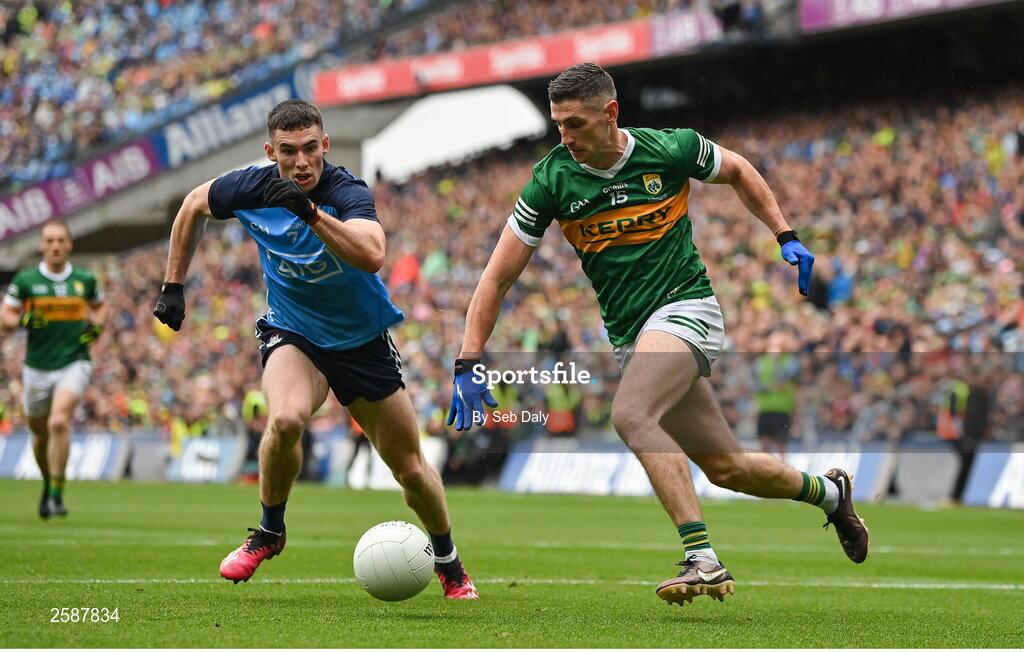 30 July 2023; Paul Geaney of Kerry in action against Lee Gannon of Dublin during the GAA Football All-Ireland Senior Championship final match between Dublin and Kerry at Croke Park in Dublin. Photo by Seb Daly/Sportsfile