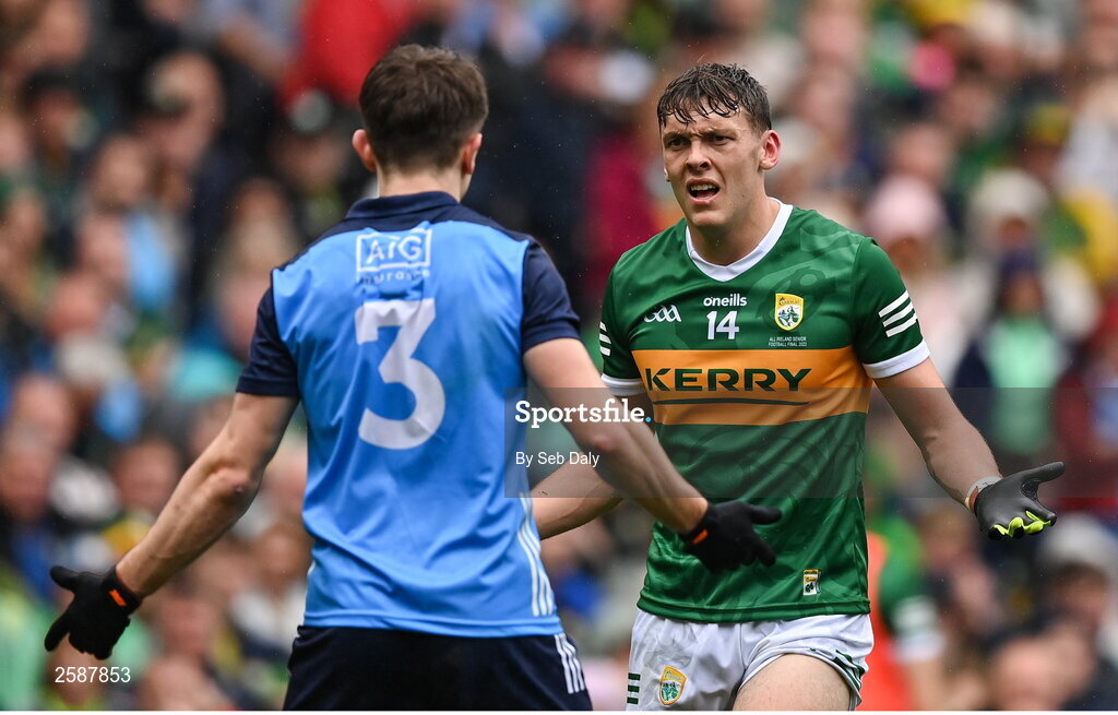 30 July 2023; David Clifford of Kerry and Michael Fitzsimons during the GAA Football All-Ireland Senior Championship final match between Dublin and Kerry at Croke Park in Dublin. Photo by Seb Daly/Sportsfile