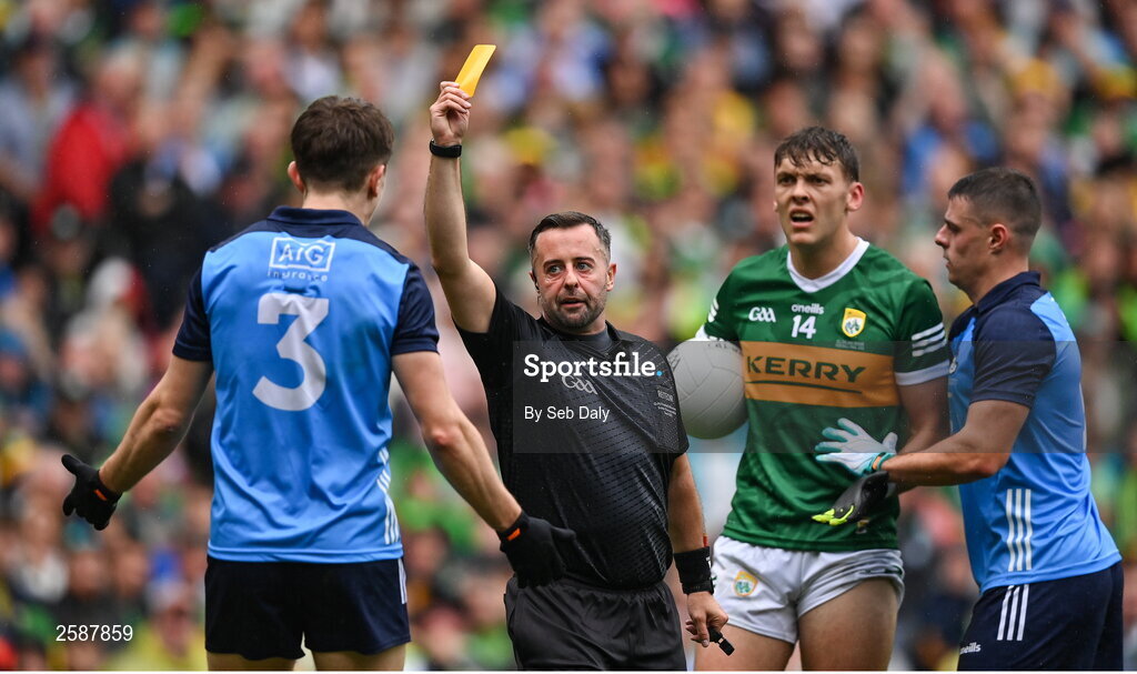 30 July 2023; Referee David Gough shows a yellow card to Michael Fitzsimons of Dublin during the GAA Football All-Ireland Senior Championship final match between Dublin and Kerry at Croke Park in Dublin. Photo by Seb Daly/Sportsfile