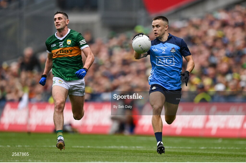 30 July 2023; Eoin Murchan of Dublin and Paul Geaney of Kerry during the GAA Football All-Ireland Senior Championship final match between Dublin and Kerry at Croke Park in Dublin. Photo by Seb Daly/Sportsfile