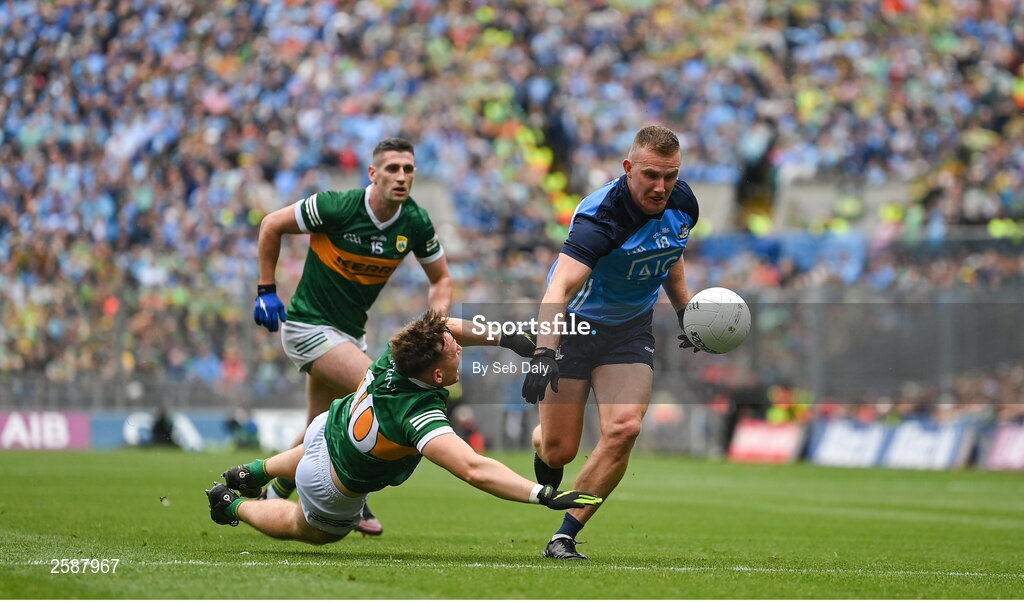 30 July 2023; Ciaran Kilkenny of Dublin in action against Dara Moynihan of Kerry during the GAA Football All-Ireland Senior Championship final match between Dublin and Kerry at Croke Park in Dublin. Photo by Seb Daly/Sportsfile