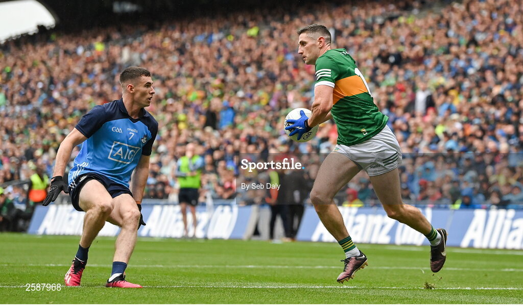 30 July 2023; Paul Geaney of Kerry in action against Lee Gannon of Dublin during the GAA Football All-Ireland Senior Championship final match between Dublin and Kerry at Croke Park in Dublin. Photo by Seb Daly/Sportsfile