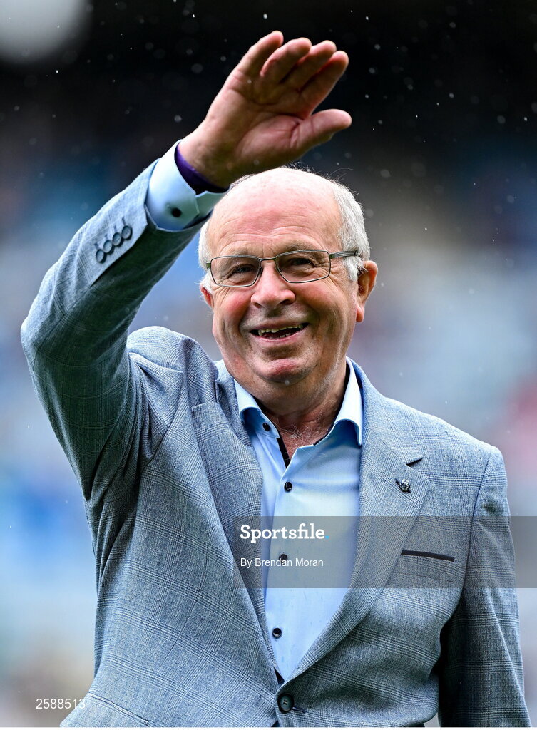 30 July 2023; Richard Fahey, on behalf of Gary Fahey of the 1998 All-Ireland winning Galway jubilee team who were honoured before the GAA Football All-Ireland Senior Championship final match between Dublin and Kerry at Croke Park in Dublin. Photo by Brendan Moran/Sportsfile