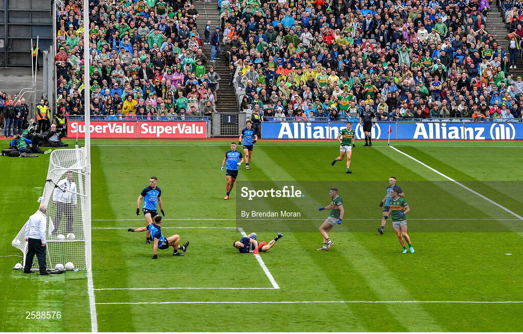 30 July 2023; Paul Geaney of Kerry shoots past Dublin goalkeeper Stephen Cluxton for his side's only goal during the GAA Football All-Ireland Senior Championship final match between Dublin and Kerry at Croke Park in Dublin. Photo by Brendan Moran/Sportsfile