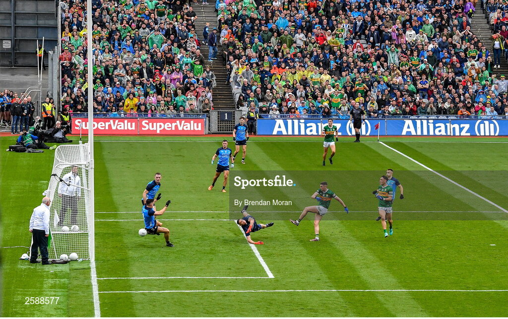 30 July 2023; Paul Geaney of Kerry shoots past Dublin goalkeeper Stephen Cluxton for his side's only goal during the GAA Football All-Ireland Senior Championship final match between Dublin and Kerry at Croke Park in Dublin. Photo by Brendan Moran/Sportsfile