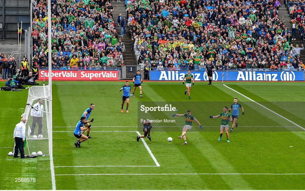 30 July 2023; Paul Geaney of Kerry shoots past Dublin goalkeeper Stephen Cluxton for his side's only goal during the GAA Football All-Ireland Senior Championship final match between Dublin and Kerry at Croke Park in Dublin. Photo by Brendan Moran/Sportsfile