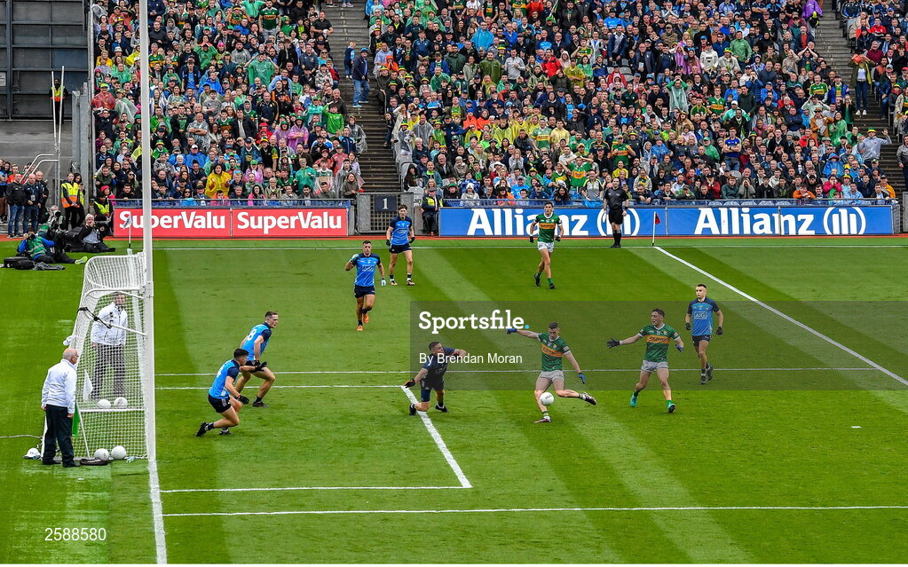 30 July 2023; Paul Geaney of Kerry shoots past Dublin goalkeeper Stephen Cluxton for his side's only goal during the GAA Football All-Ireland Senior Championship final match between Dublin and Kerry at Croke Park in Dublin. Photo by Brendan Moran/Sportsfile