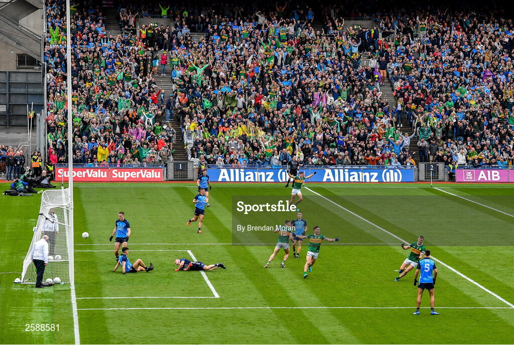 30 July 2023; Kerry players David Clifford, Paudie Clifford and Diarmuid O'Connor celebrate after teammate Paul Geaney, 15, scored their side's only goal during the GAA Football All-Ireland Senior Championship final match between Dublin and Kerry at Croke Park in Dublin. Photo by Brendan Moran/Sportsfile