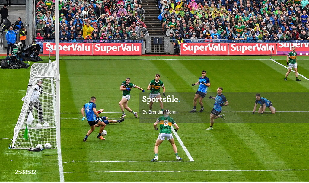 30 July 2023; Brian Howard of Dublin clears the ball off the goalline from a shot by Paul Geaney of Kerry during the GAA Football All-Ireland Senior Championship final match between Dublin and Kerry at Croke Park in Dublin. Photo by Brendan Moran/Sportsfile