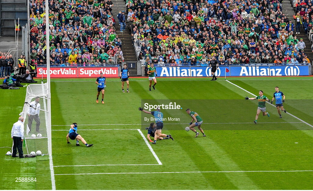 30 July 2023; Paul Geaney of Kerry on the way to scoring his side's only goal during the GAA Football All-Ireland Senior Championship final match between Dublin and Kerry at Croke Park in Dublin. Photo by Brendan Moran/Sportsfile