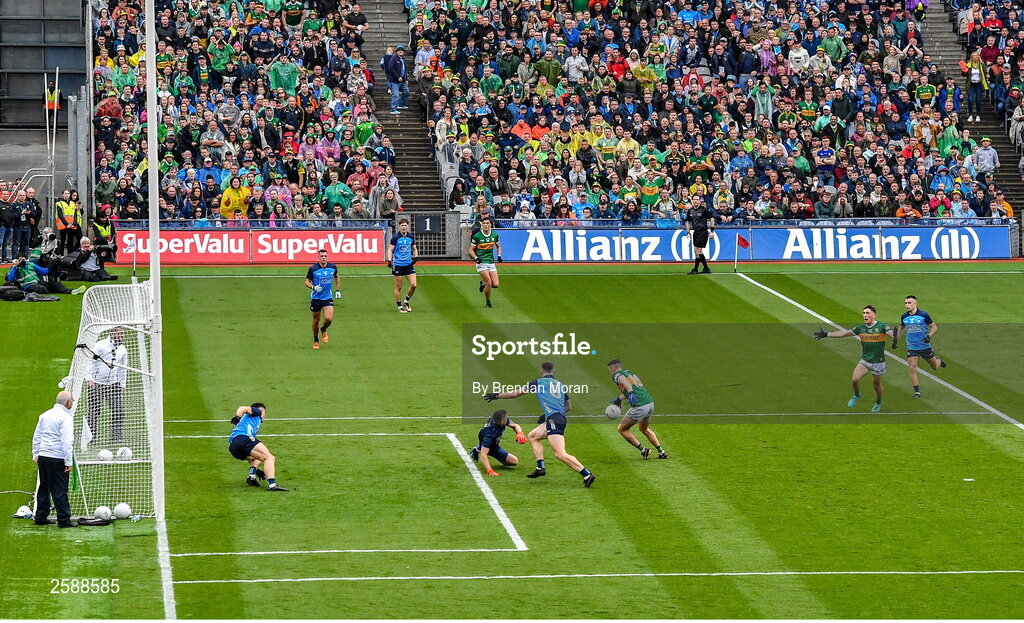 30 July 2023; Paul Geaney of Kerry on the way to scoring his side's only goal during the GAA Football All-Ireland Senior Championship final match between Dublin and Kerry at Croke Park in Dublin. Photo by Brendan Moran/Sportsfile