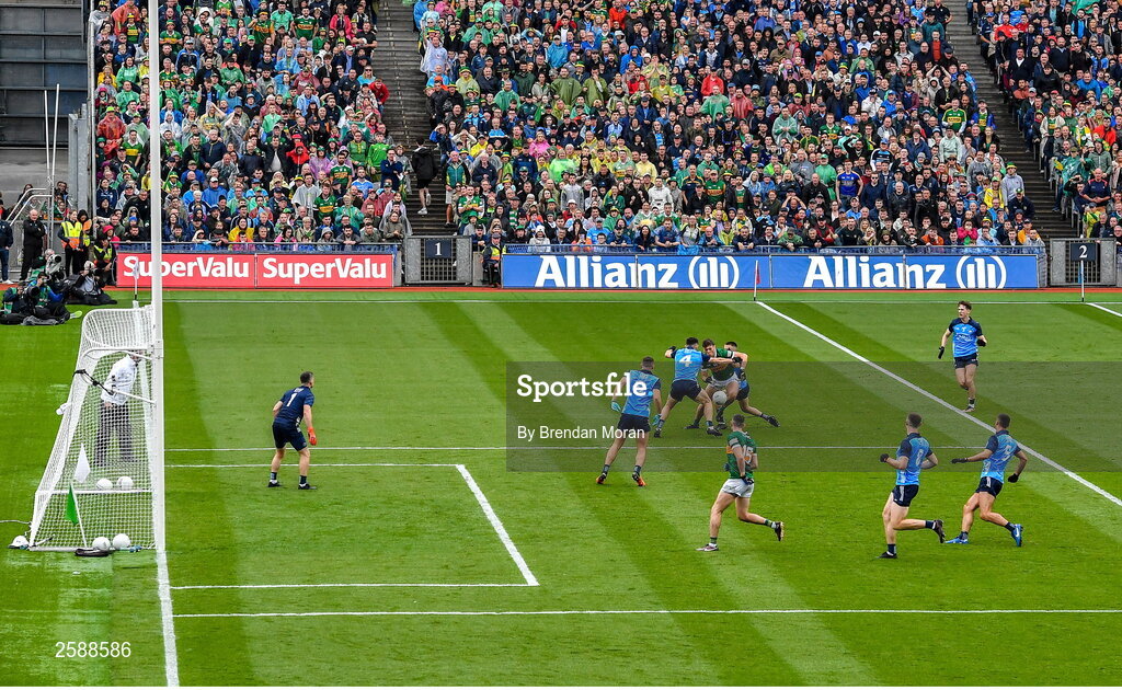 30 July 2023; David Clifford of Kerry is tackled by David Byrne and Eoin Murchan of Dublin during the GAA Football All-Ireland Senior Championship final match between Dublin and Kerry at Croke Park in Dublin. Photo by Brendan Moran/Sportsfile