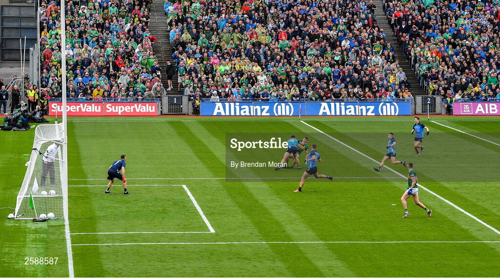 30 July 2023; David Clifford of Kerry slips as he is tackled by David Byrne of Dublin during the GAA Football All-Ireland Senior Championship final match between Dublin and Kerry at Croke Park in Dublin. Photo by Brendan Moran/Sportsfile