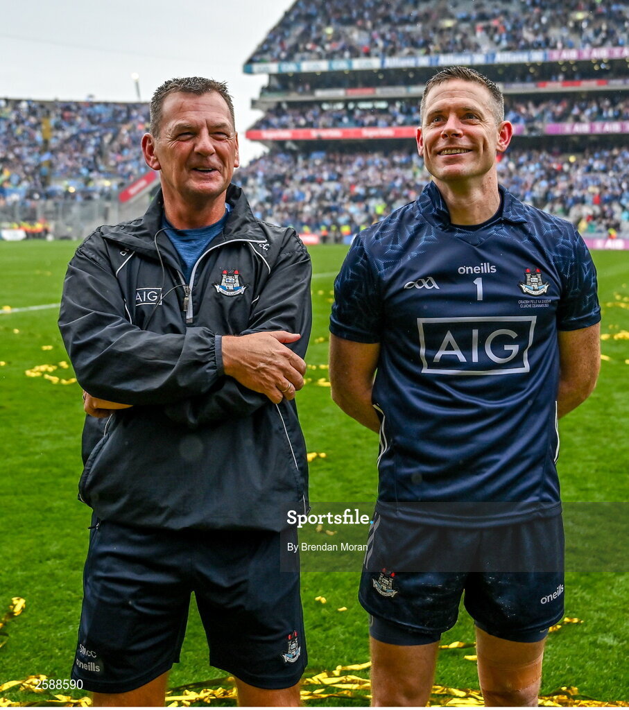 30 July 2023; Dublin goalkeeper Stephen Cluxton, right, with Dublin football team media manager Seamus McCormack after the GAA Football All-Ireland Senior Championship final match between Dublin and Kerry at Croke Park in Dublin. Photo by Brendan Moran/Sportsfile