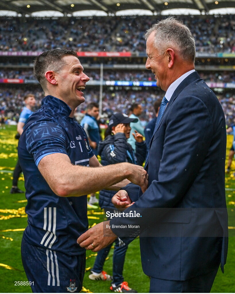 30 July 2023; Dublin goalkeeper Stephen Cluxton, left, celebrates with outgoing Dublin GAA chief executive John Costello after the GAA Football All-Ireland Senior Championship final match between Dublin and Kerry at Croke Park in Dublin. Photo by Brendan Moran/Sportsfile