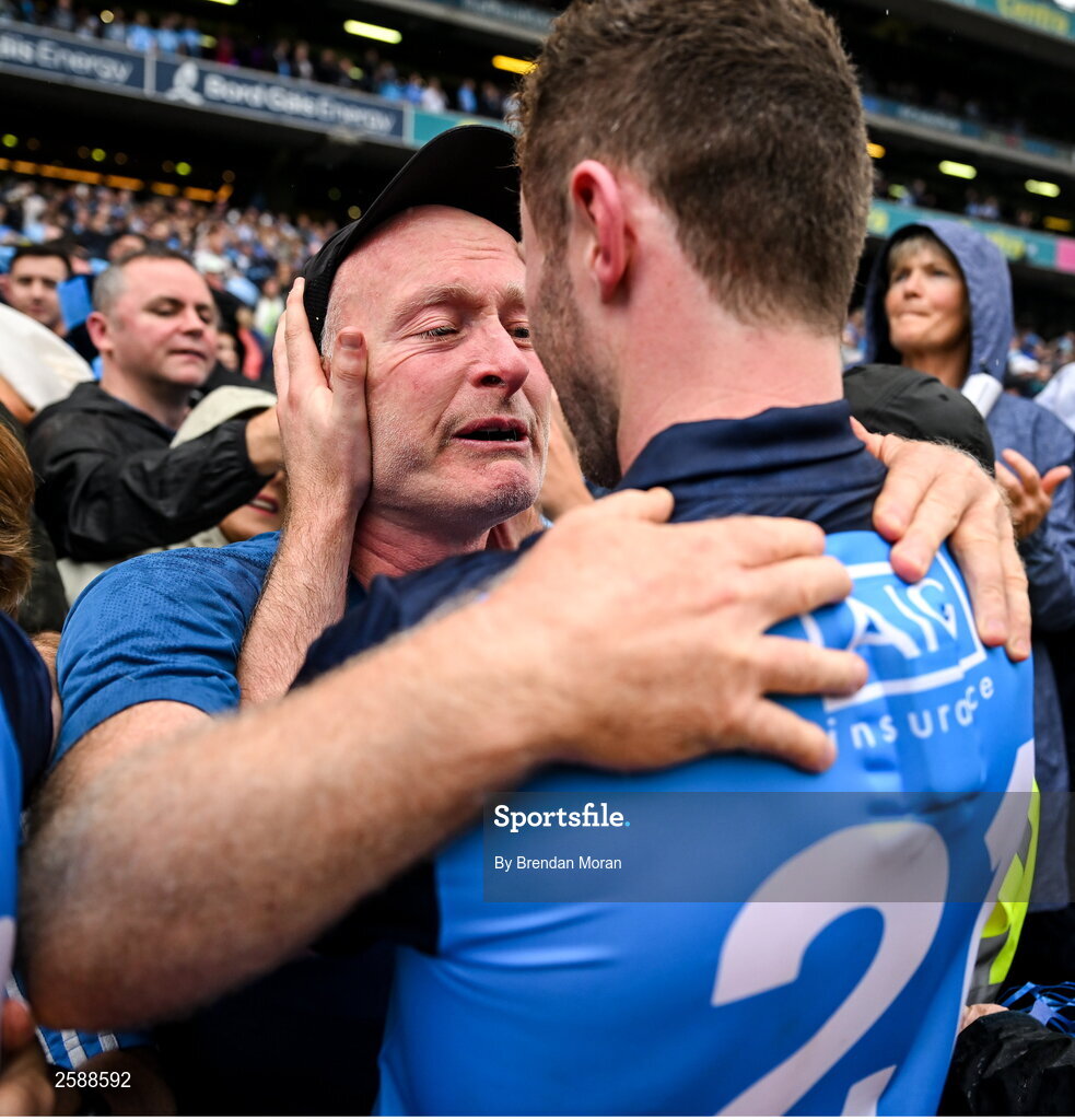 30 July 2023; Former Dublin footballer Dr Noel McCaffrey celebrates with his son Jack McCaffrey after the GAA Football All-Ireland Senior Championship final match between Dublin and Kerry at Croke Park in Dublin. Photo by Brendan Moran/Sportsfile