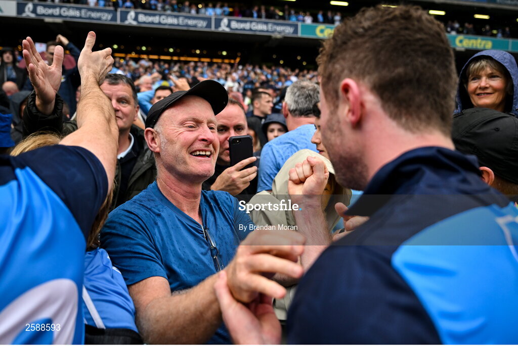 30 July 2023; Former Dublin footballer Dr Noel McCaffrey celebrates with his son Jack McCaffrey after the GAA Football All-Ireland Senior Championship final match between Dublin and Kerry at Croke Park in Dublin. Photo by Brendan Moran/Sportsfile