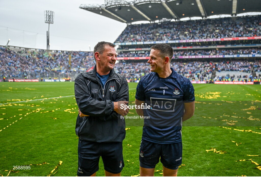 30 July 2023; Dublin goalkeeper Stephen Cluxton, right, with Dublin football team media manager Seamus McCormack after the GAA Football All-Ireland Senior Championship final match between Dublin and Kerry at Croke Park in Dublin. Photo by Brendan Moran/Sportsfile