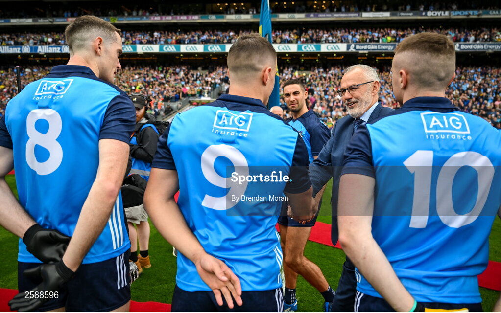 30 July 2023; Uachtarán Chumann Lúthchleas Gael Larry McCarthy meets Dublin players, from left, Brian Fenton, Brian Howard and Paddy Small before the GAA Football All-Ireland Senior Championship final match between Dublin and Kerry at Croke Park in Dublin. Photo by Brendan Moran/Sportsfile