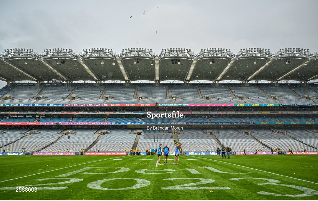 30 July 2023; Dublin players, from left, Michael Fitzsimons, James McCarthy and Dean Rock spend time in the middle of the pitch following the celebrations of their victory in the GAA Football All-Ireland Senior Championship final match between Dublin and Kerry at Croke Park in Dublin. Photo by Brendan Moran/Sportsfile