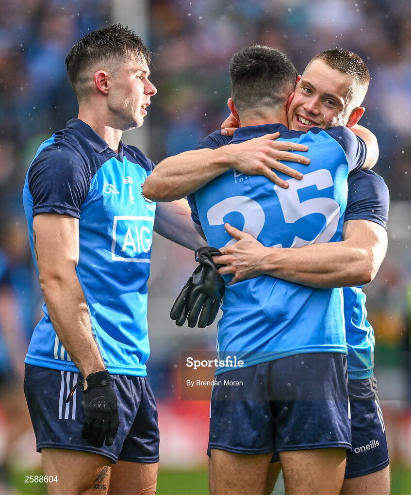 30 July 2023; Con O'Callaghan of Dublin, right, celebrates with teammate Lorcan O'Dell after the GAA Football All-Ireland Senior Championship final match between Dublin and Kerry at Croke Park in Dublin. Photo by Brendan Moran/Sportsfile