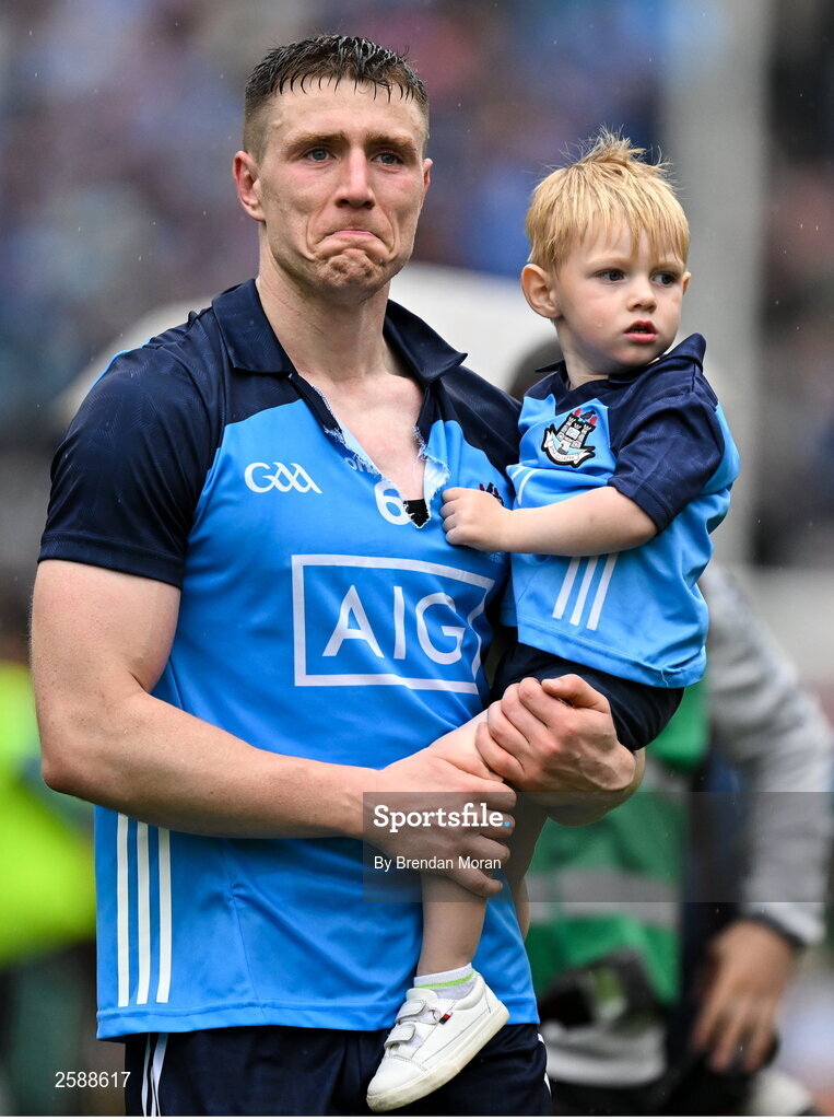 30 July 2023; John Small of Dublin with his son Charlie after the GAA Football All-Ireland Senior Championship final match between Dublin and Kerry at Croke Park in Dublin. Photo by Brendan Moran/Sportsfile