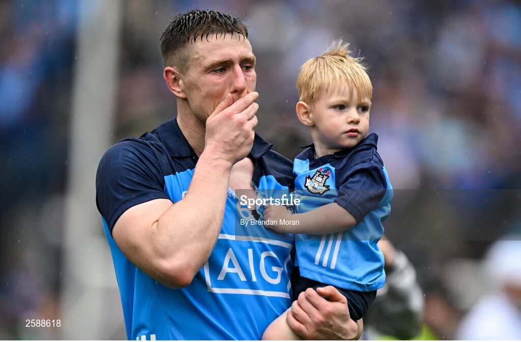 30 July 2023; John Small of Dublin with his son Charlie after the GAA Football All-Ireland Senior Championship final match between Dublin and Kerry at Croke Park in Dublin. Photo by Brendan Moran/Sportsfile