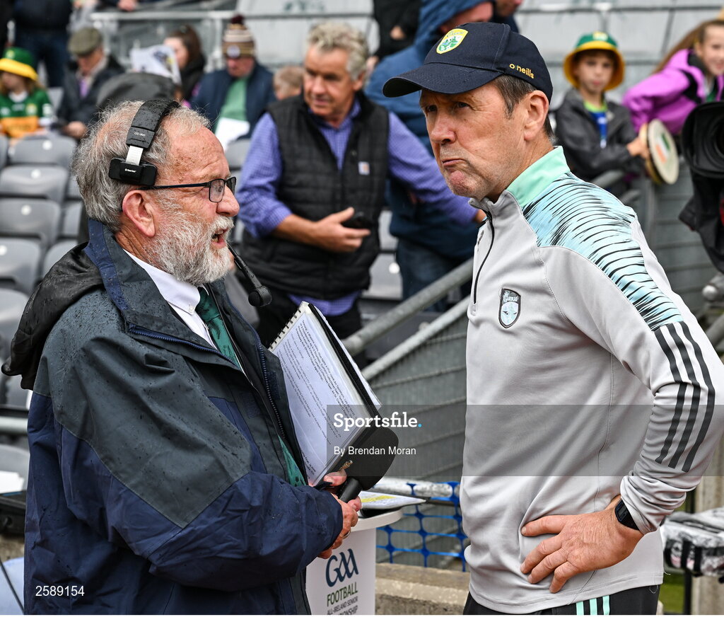 30 July 2023; Stadum MC Jerry Grogan, left, with Kerry manager Jack O'Connor before the GAA Football All-Ireland Senior Championship final match between Dublin and Kerry at Croke Park in Dublin. Photo by Brendan Moran/Sportsfile