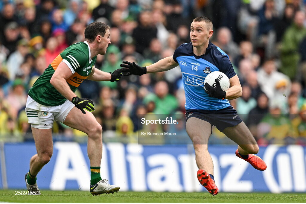 30 July 2023; Con O'Callaghan of Dublin in action against Tadhg Morley of Kerry during the GAA Football All-Ireland Senior Championship final match between Dublin and Kerry at Croke Park in Dublin. Photo by Brendan Moran/Sportsfile