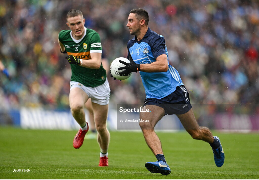 30 July 2023; James McCarthy of Dublin in action against Jason Foley of Kerry during the GAA Football All-Ireland Senior Championship final match between Dublin and Kerry at Croke Park in Dublin. Photo by Brendan Moran/Sportsfile