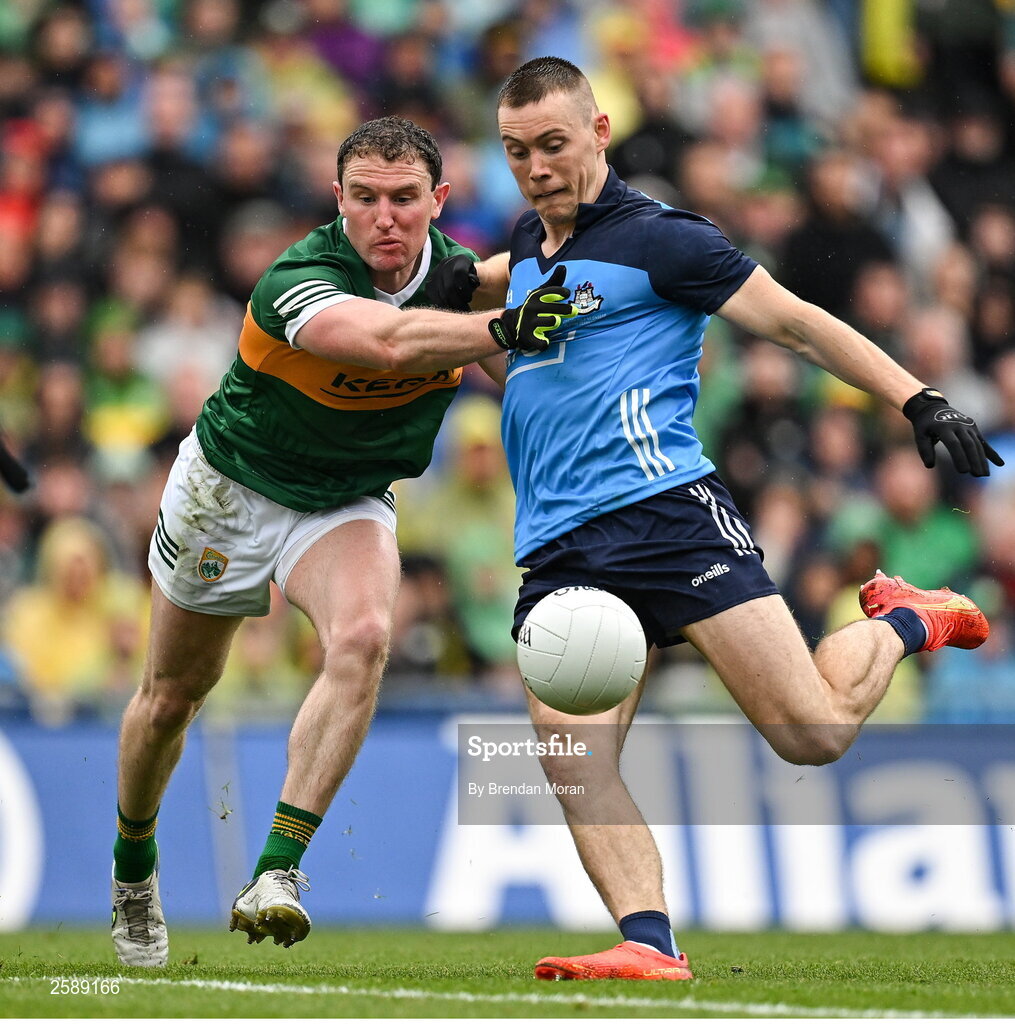 30 July 2023; Con O'Callaghan of Dublin is tackled by Tadhg Morley of Kerry during the GAA Football All-Ireland Senior Championship final match between Dublin and Kerry at Croke Park in Dublin. Photo by Brendan Moran/Sportsfile