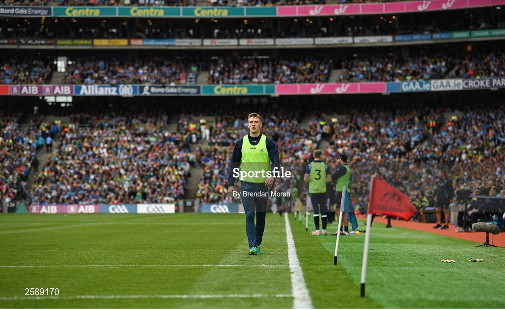 30 July 2023; Tom Lahiff of Dublin warms up on the sideline during the GAA Football All-Ireland Senior Championship final match between Dublin and Kerry at Croke Park in Dublin. Photo by Brendan Moran/Sportsfile