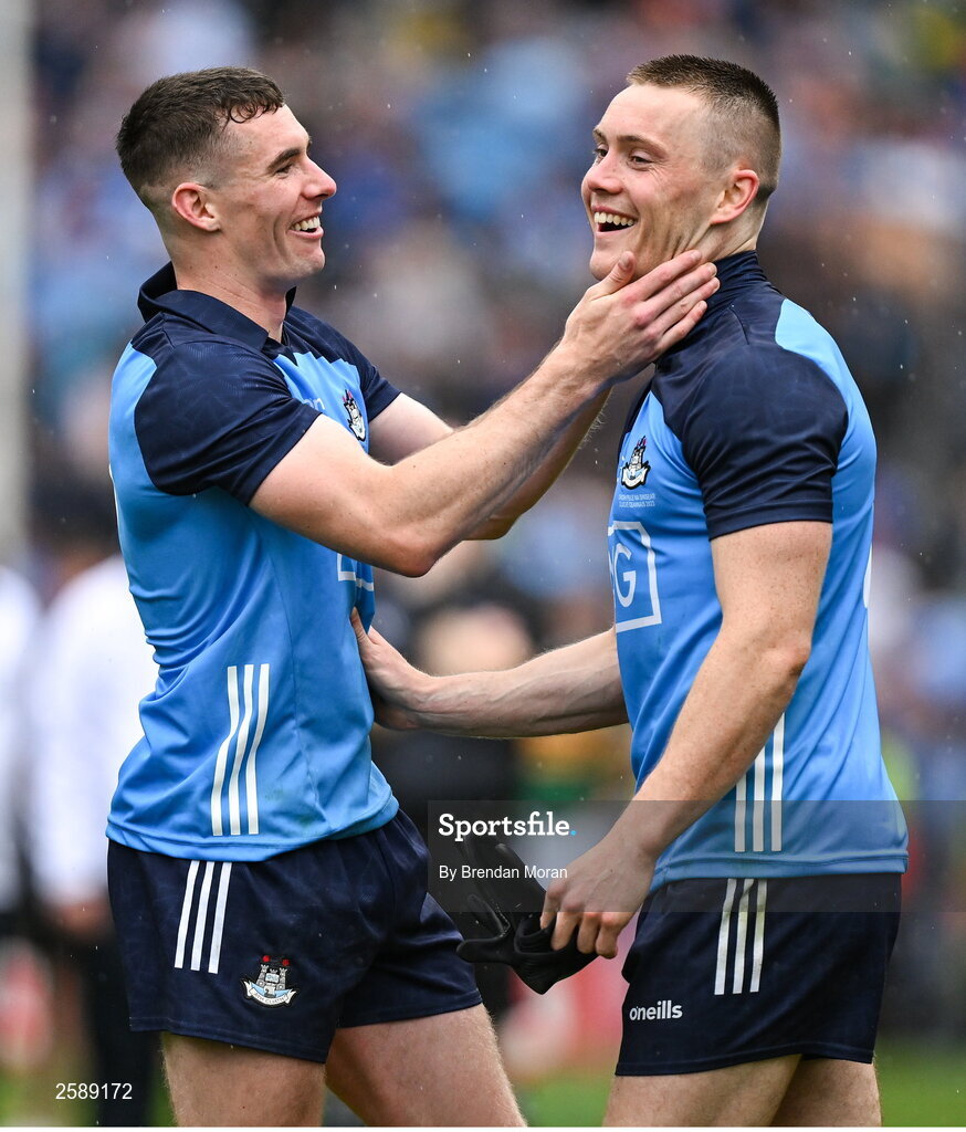 30 July 2023; Lee Gannon, left, and Con O'Callaghan of Dublin celebrate after the GAA Football All-Ireland Senior Championship final match between Dublin and Kerry at Croke Park in Dublin. Photo by Brendan Moran/Sportsfile