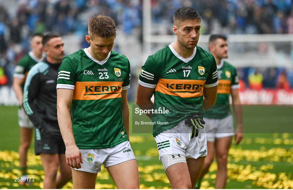 30 July 2023; Killian Spillane, left, and Adrian Spillane of Kerry leave the pitch after the GAA Football All-Ireland Senior Championship final match between Dublin and Kerry at Croke Park in Dublin. Photo by Brendan Moran/Sportsfile