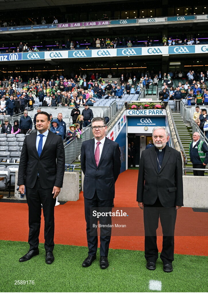 30 July 2023; An Taoiseach Leo Varadkar TD, lft, Ard Stiúrthóir of the GAA Tom Ryan, centre, and Patron of the GAA, Bishop of Cashel and Emly Kieran O'Reilly arrive before the GAA Football All-Ireland Senior Championship final match between Dublin and Kerry at Croke Park in Dublin. Photo by Brendan Moran/Sportsfile