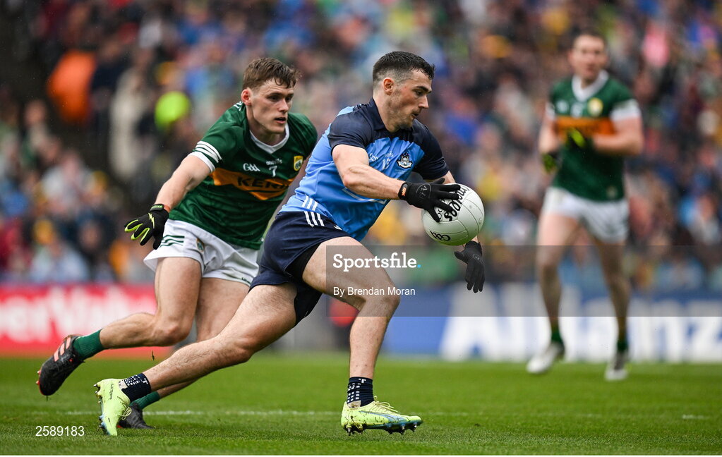 30 July 2023; Colm Basquel of Dublin in action against Gavin White of Kerry during the GAA Football All-Ireland Senior Championship final match between Dublin and Kerry at Croke Park in Dublin. Photo by Brendan Moran/Sportsfile