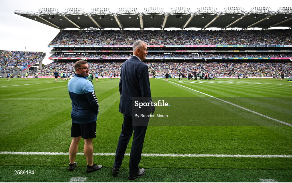 30 July 2023; Dublin GAA County Board chief executive John Costello, centre, before the GAA Football All-Ireland Senior Championship final match between Dublin and Kerry at Croke Park in Dublin. Photo by Brendan Moran/Sportsfile
