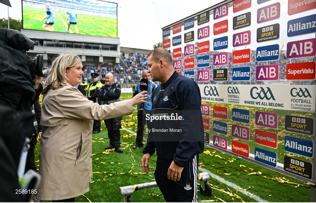 30 July 2023; Dublin manager Dessie Farrell is interviewed by Orla Bannon for BBC Sport after the GAA Football All-Ireland Senior Championship final match between Dublin and Kerry at Croke Park in Dublin. Photo by Brendan Moran/Sportsfile