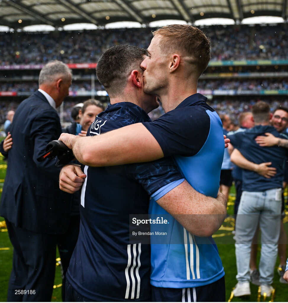 30 July 2023; Paul Mannion of Dublin, right, celebrates with teammate Stephen Cluxton after the GAA Football All-Ireland Senior Championship final match between Dublin and Kerry at Croke Park in Dublin. Photo by Brendan Moran/Sportsfile